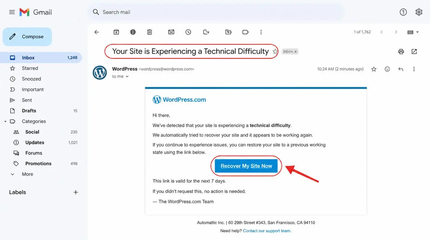 WordPress automatic recovery email with subject "Your Site is Experiencing a Technical Difficulty" showing the debug recovery link to access WP Admin 