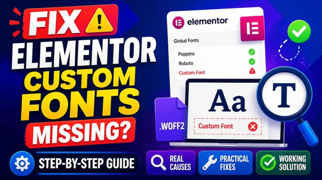 Step-by-step developer guide to fix missing custom fonts or Google fonts in Elementor WordPress sites. Focuses on CSS regeneration, domain change URL replacement, and CORS policy configuration.