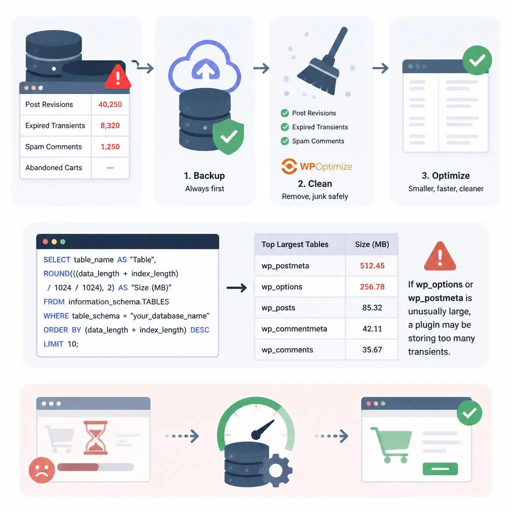 Database Optimization: The Silent Speed Killer infographic showing database cleanup, query optimization, reduced load times, and WooCommerce performance improvements.