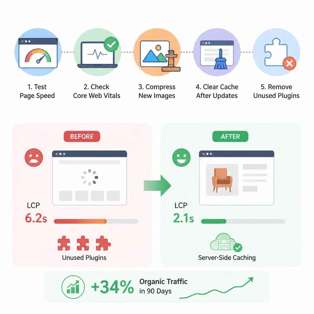 Google PageSpeed Insights score comparison before and after WordPress speed optimization for small business
