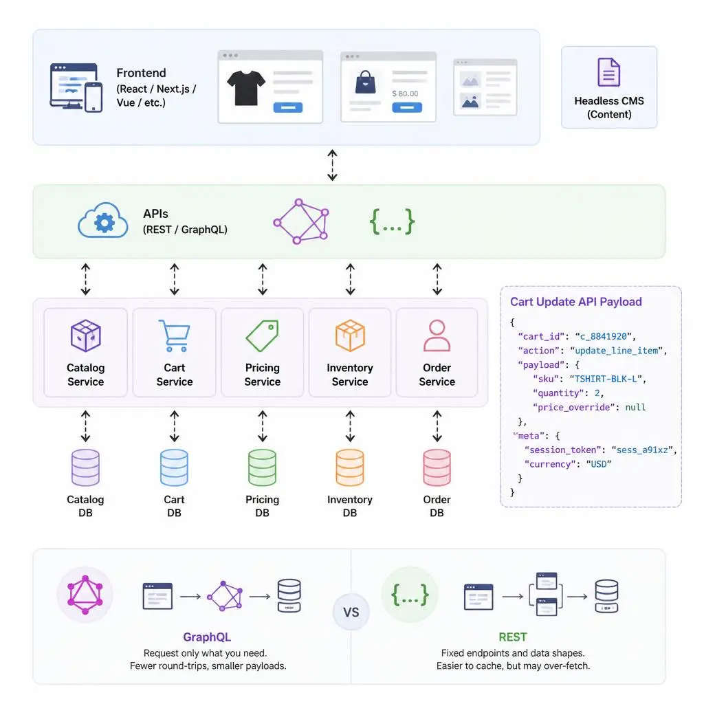 Headless commerce architecture flow showing frontend connecting to backend via API