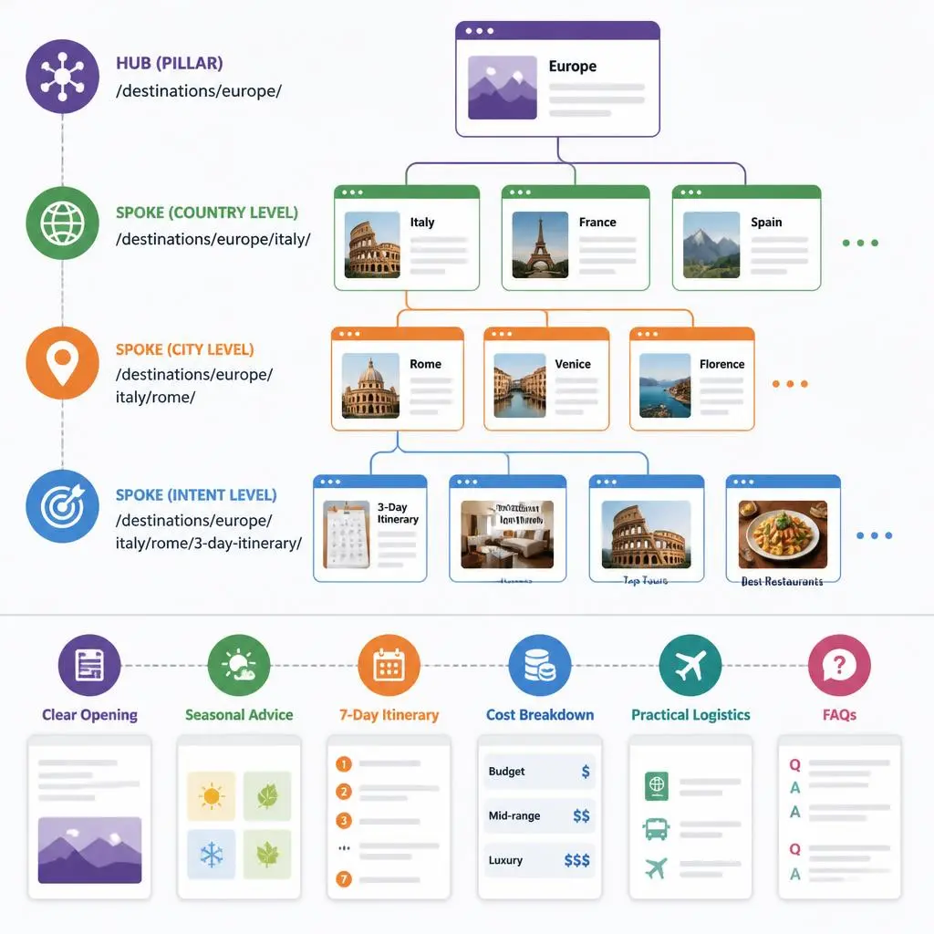 Hub and spoke website architecture diagram for travel destination pages showing pillar and spoke page hierarchy