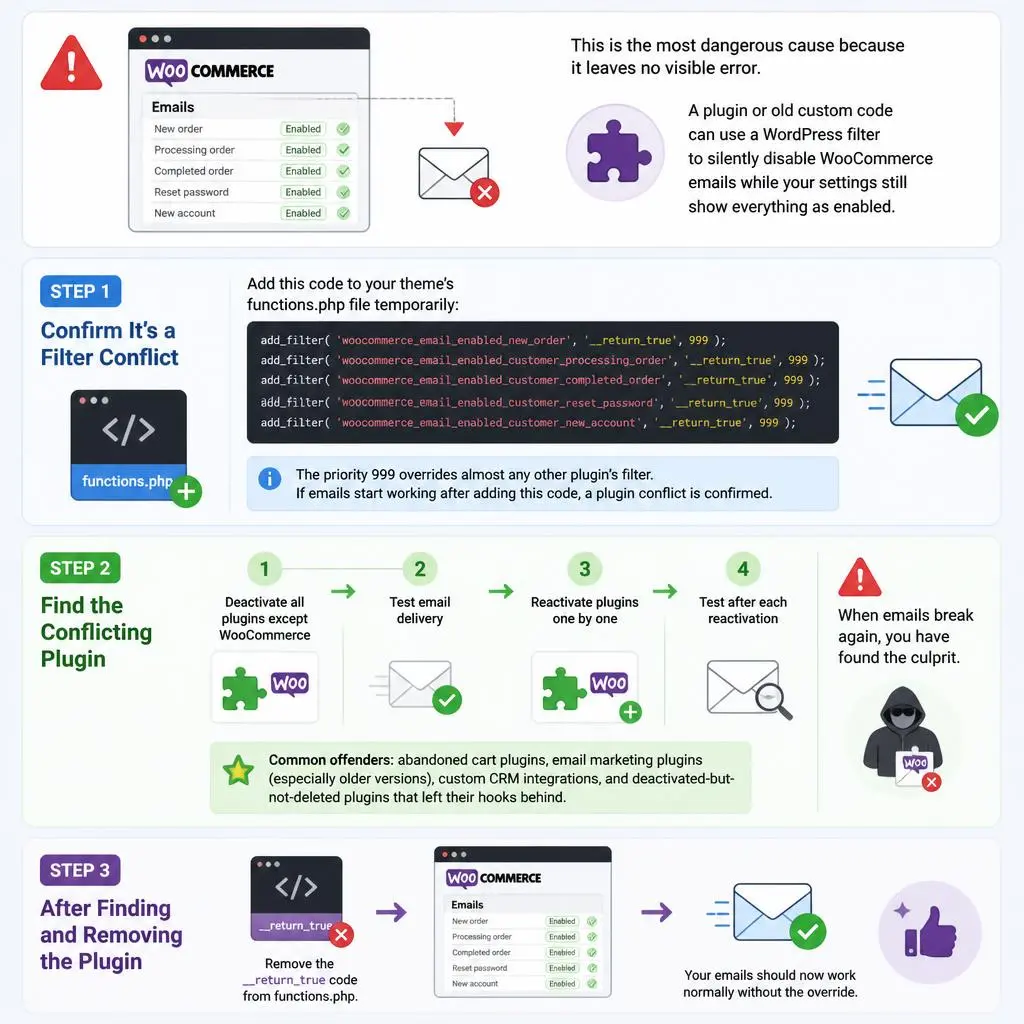 Debugging WordPress plugin filter conflicts blocking WooCommerce emails