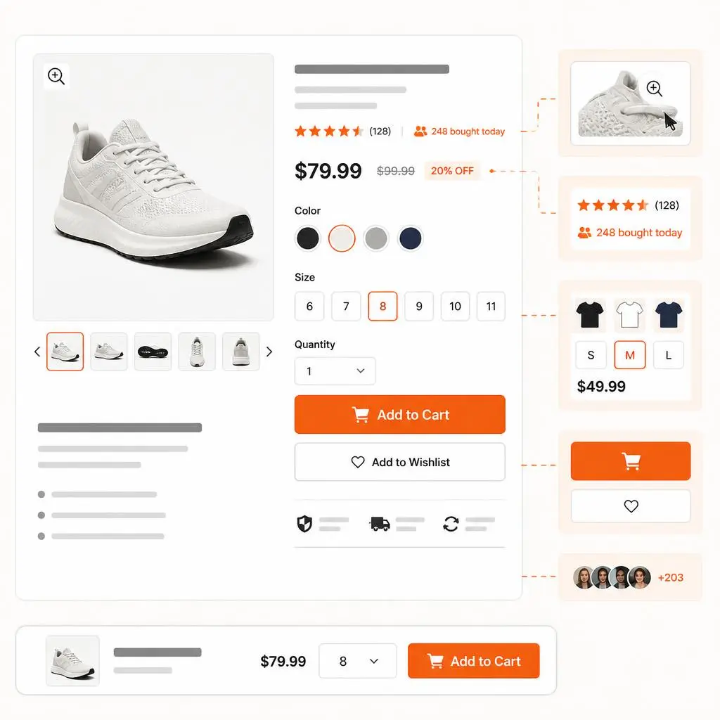 Product detail page layout showing ecommerce PDP structure with images, price, CTA buttons, reviews, and conversion-focused elements.