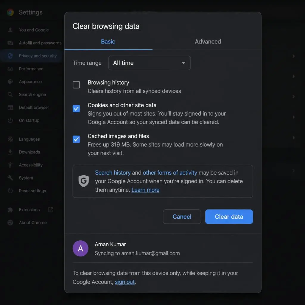 Chrome browser Clear Browsing Data window with cookies and cache selected for all time