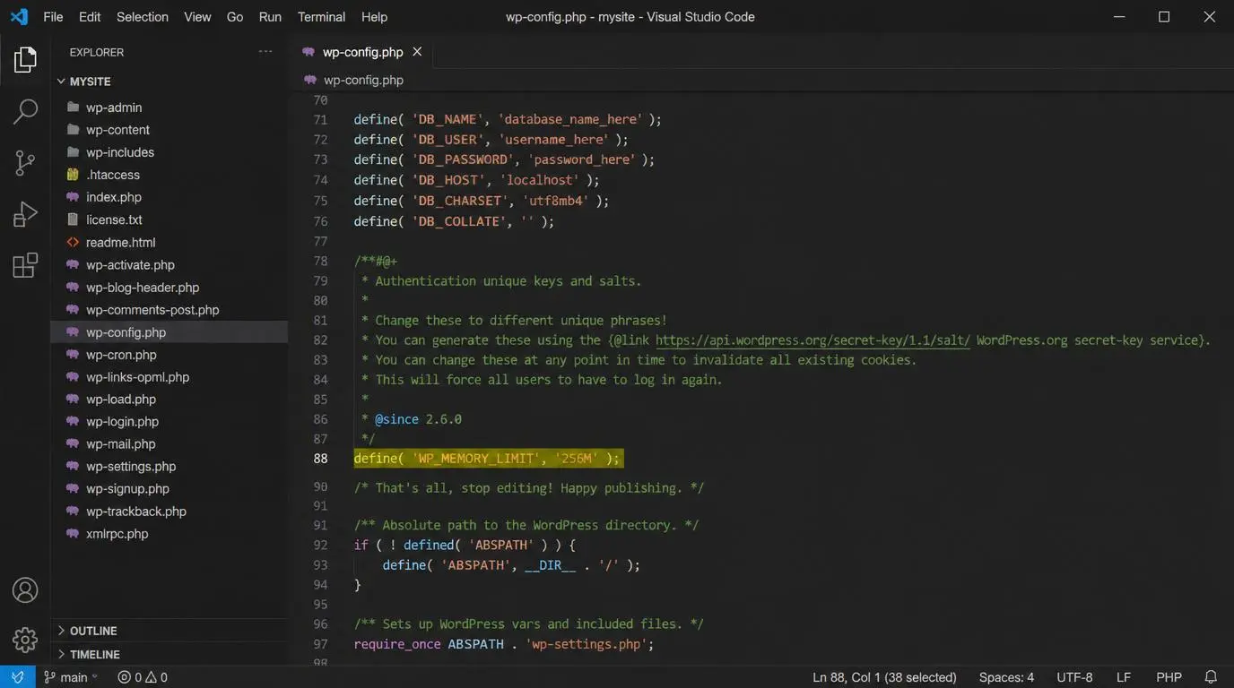 wp-config.php file open in a code editor with WP_MEMORY_LIMIT set to 256M highlighted above the stop editing comment 