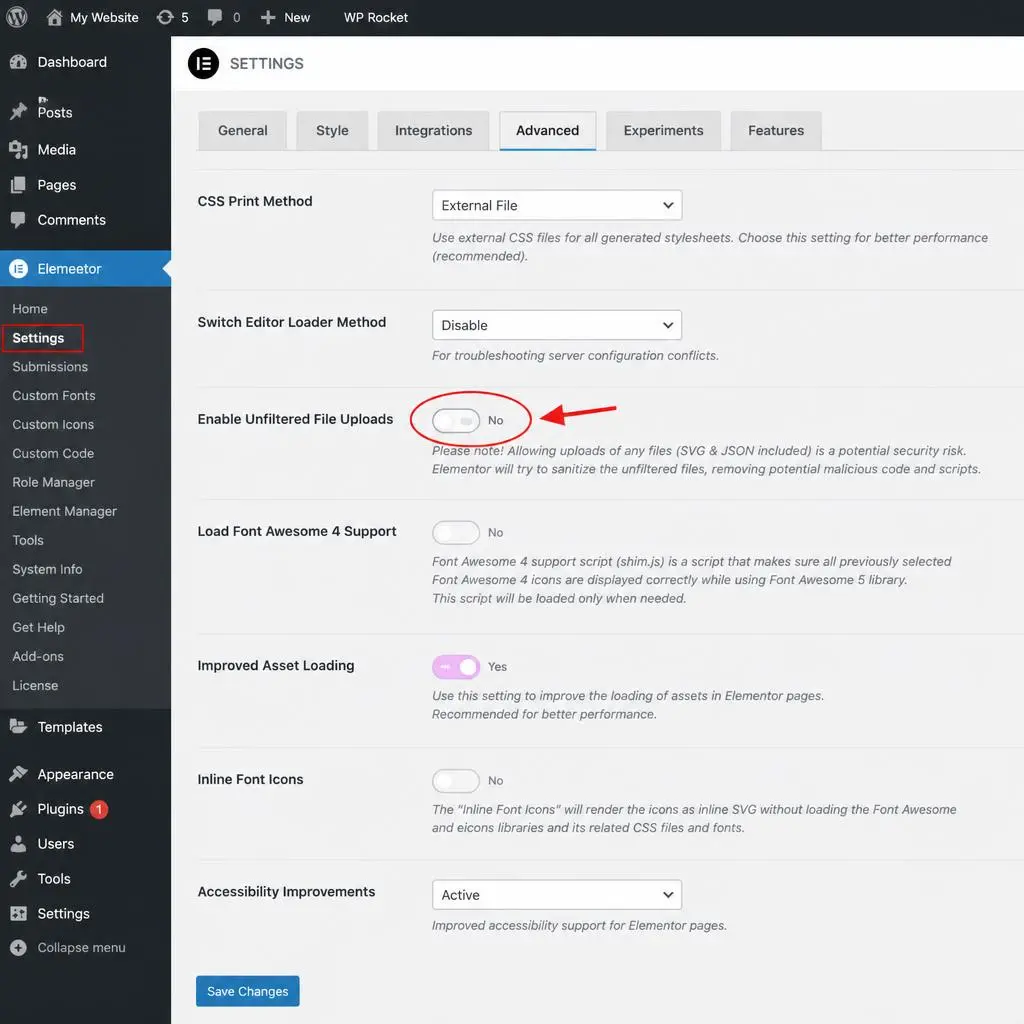 How to enable unfiltered file uploads in Elementor settings dashboard