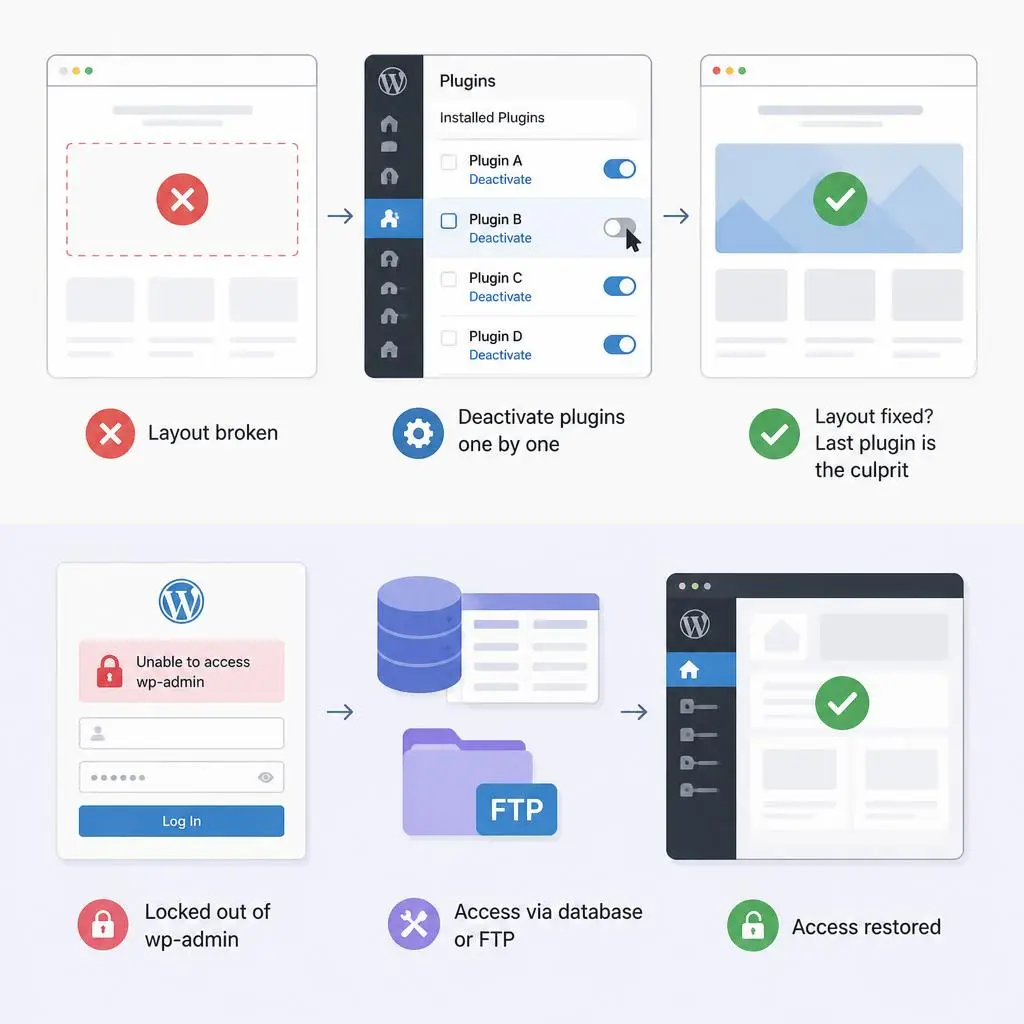 Broken WordPress layouts, Elementor and theme conflicts, and locked out of wp-admin dashboard