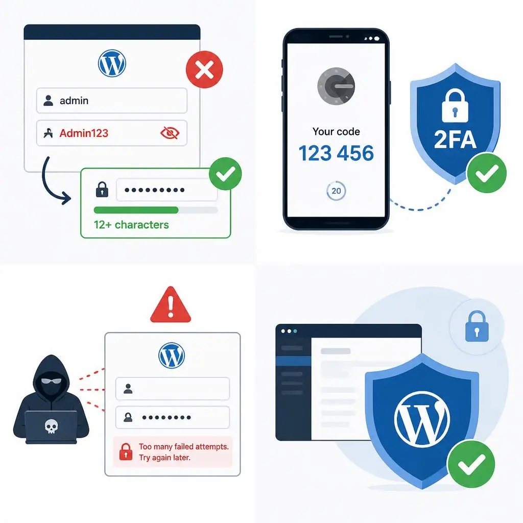 User enabling two-factor authentication (2FA) and creating a strong password to secure a WordPress website from unauthorized access and cyber threats.