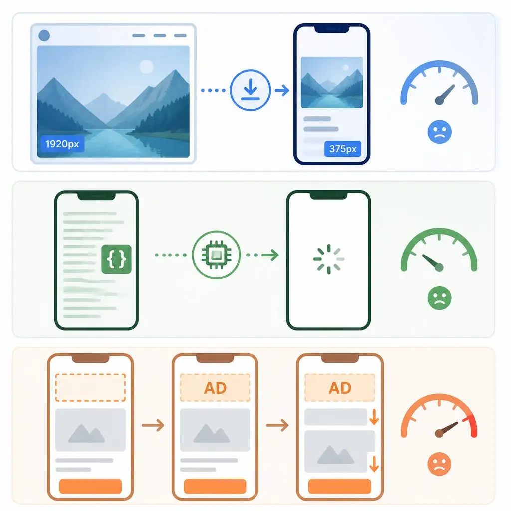 Responsive website layout illustrating Core Web Vitals issues including LCP, INP, and CLS that affect SEO and user experience across devices.