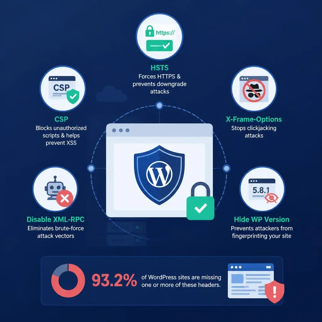 Illustration of WordPress security headers and server configuration protecting a website with firewall, HTTPS, and secure server settings.