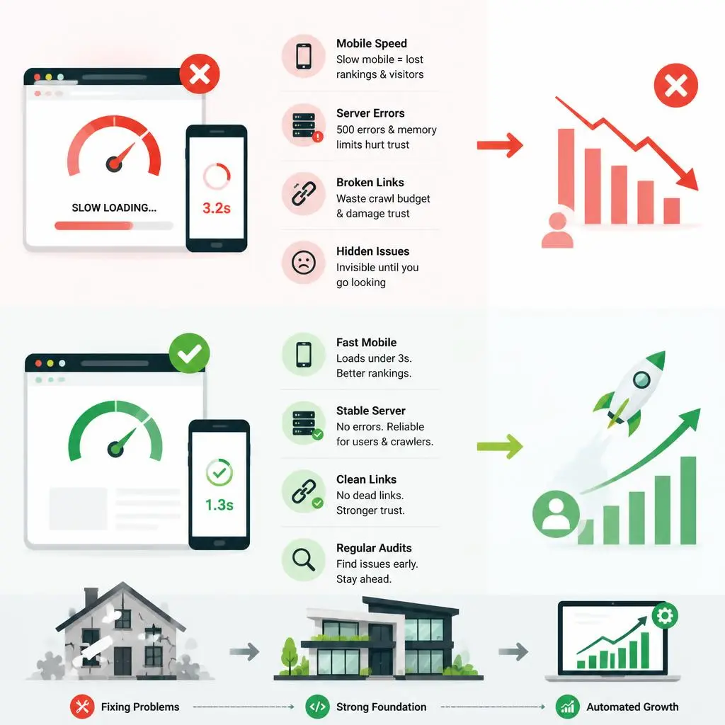 Illustration of technical SEO fixes showing crawl errors, broken links, page speed optimization, indexing improvements, and website health monitoring.