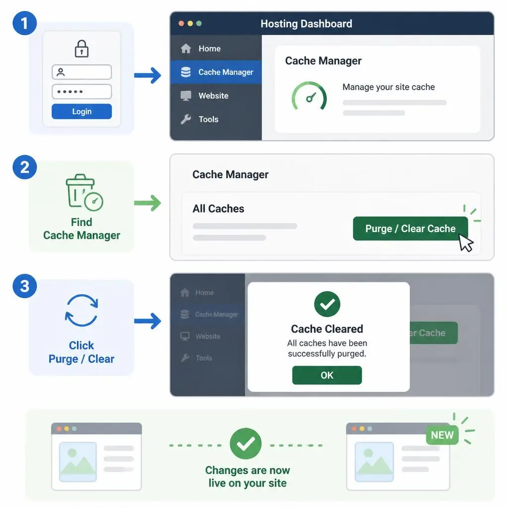 Illustration showing hosting-level cache being cleared on a WordPress server to refresh website content and improve performance.